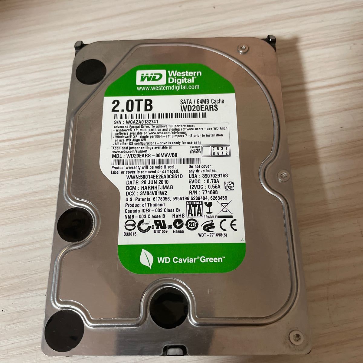 X209:（動作保証/使用11903時間） Western Digital WDC WD20EARS-00MVWB0 2000GB　2TB　3.5インチ　ハードディスク　HDD SATA