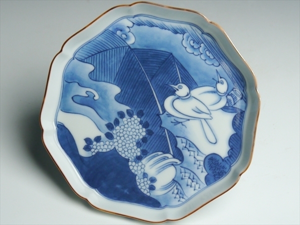 431 十二代 今泉今右衛門 造 色鍋島 染付 花鳥絵 輪花皿 銘々皿 皿揃い 五枚 共箱