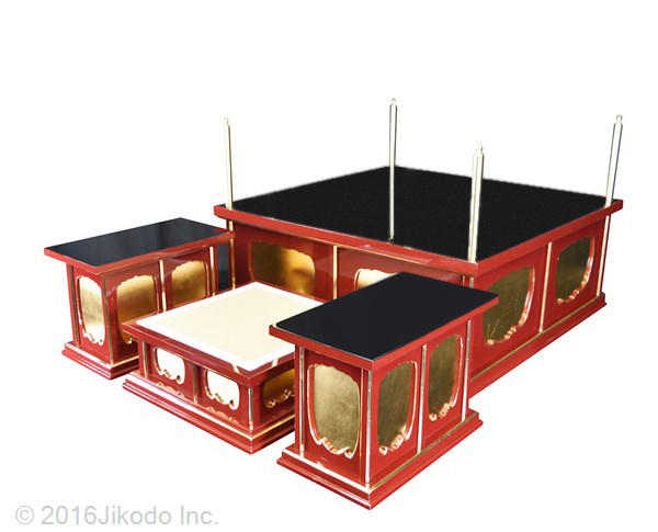 【寺院仏具】朱塗り 3.5尺 一重大壇・護摩壇 脇机2台 国内自社工場制作の高級木製仏具 (受注生産品)(商品番号11152s）