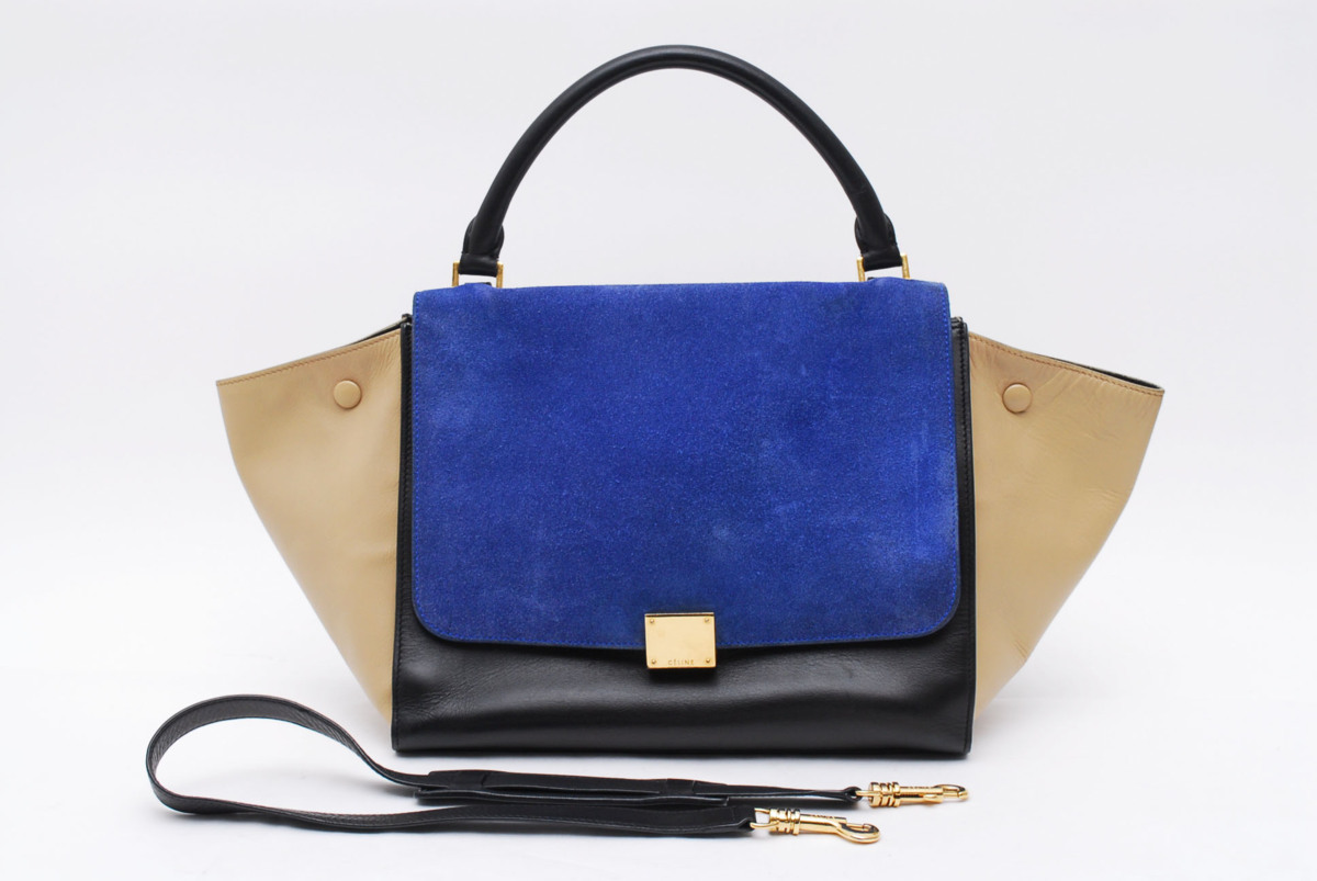 1円スタート 美品 セリーヌ CELINE トラペーズ レザー 2way ショルダーバッグ レザー 青×ベージュ×黒 6077