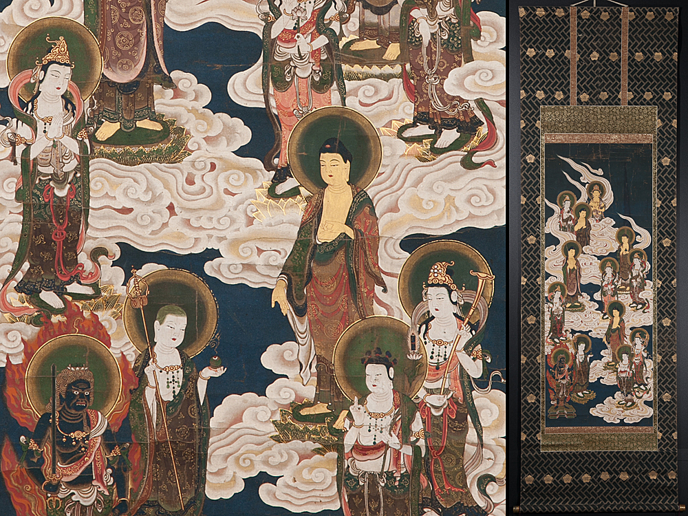 五】古仏画 『十三佛』 絹本 彩色 著色 截金 掛軸 箱付