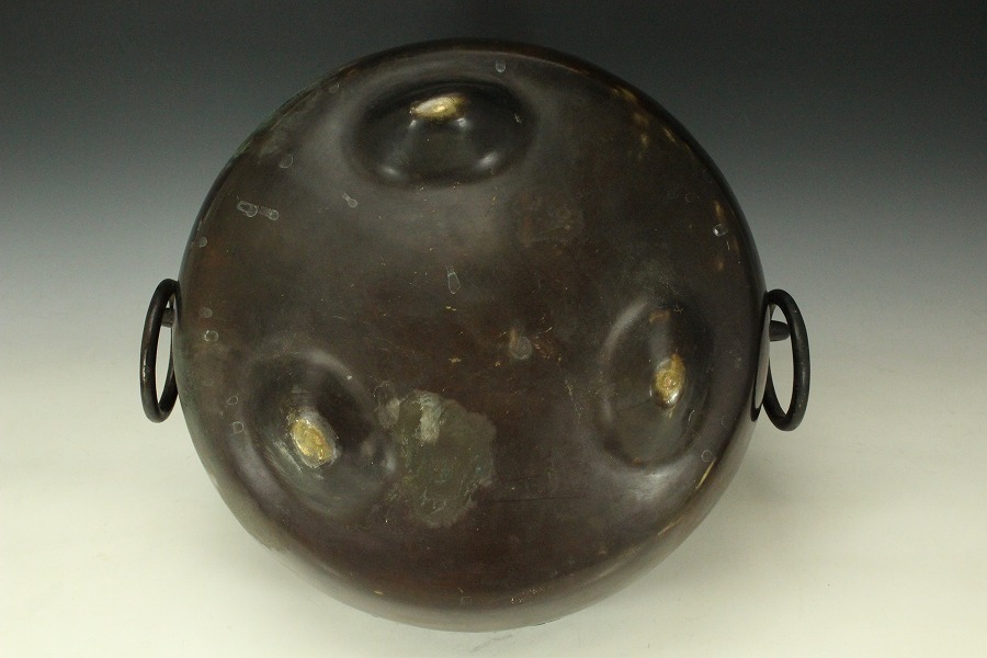 銀閣】古銅 斑紫銅 鳳凰風炉式 遊環 瓶掛 火鉢 手焙 高19.8cm 火箸付