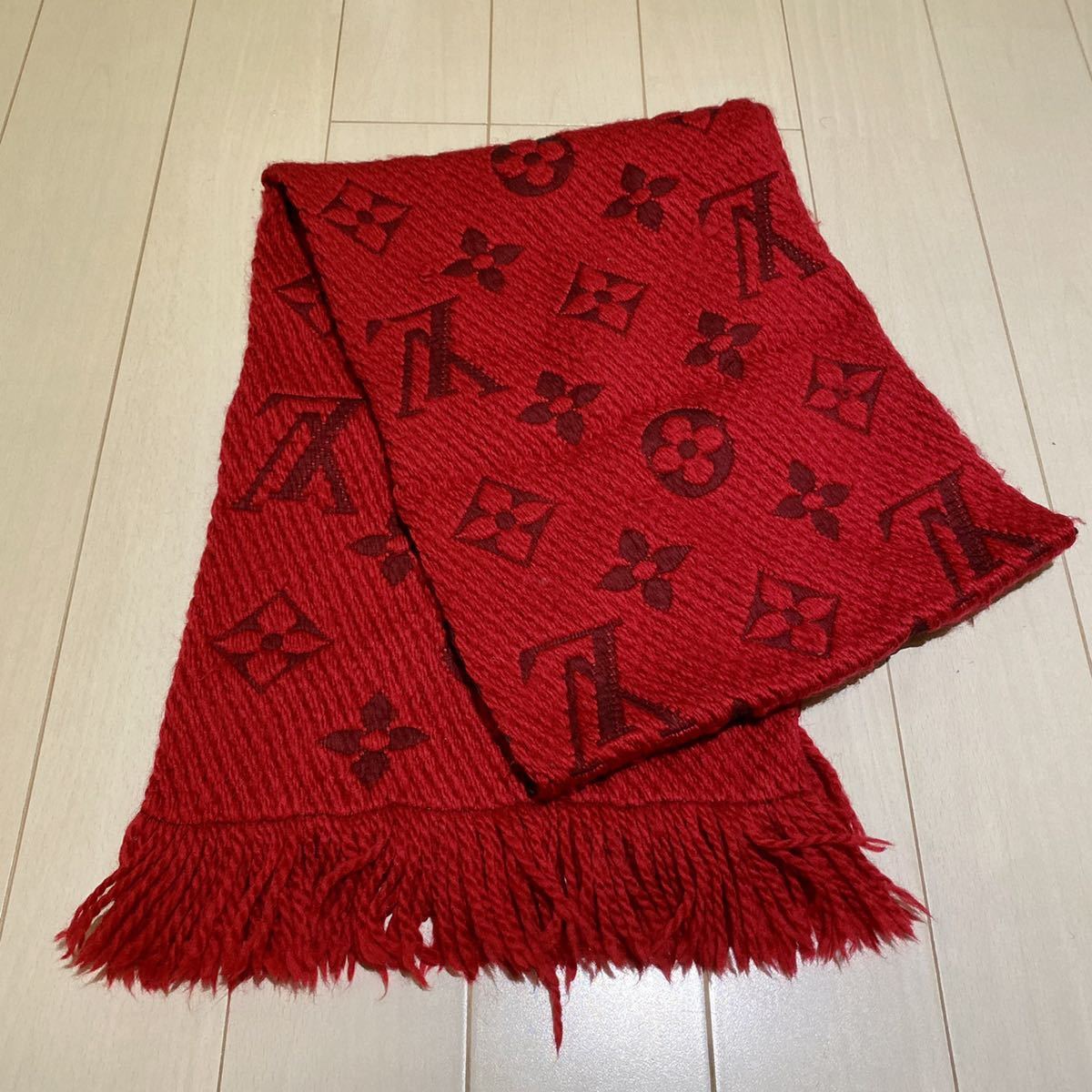 赤 LOUIS VUITTON ルイヴィトン エシャルプ ロゴマニア ウール×シルク