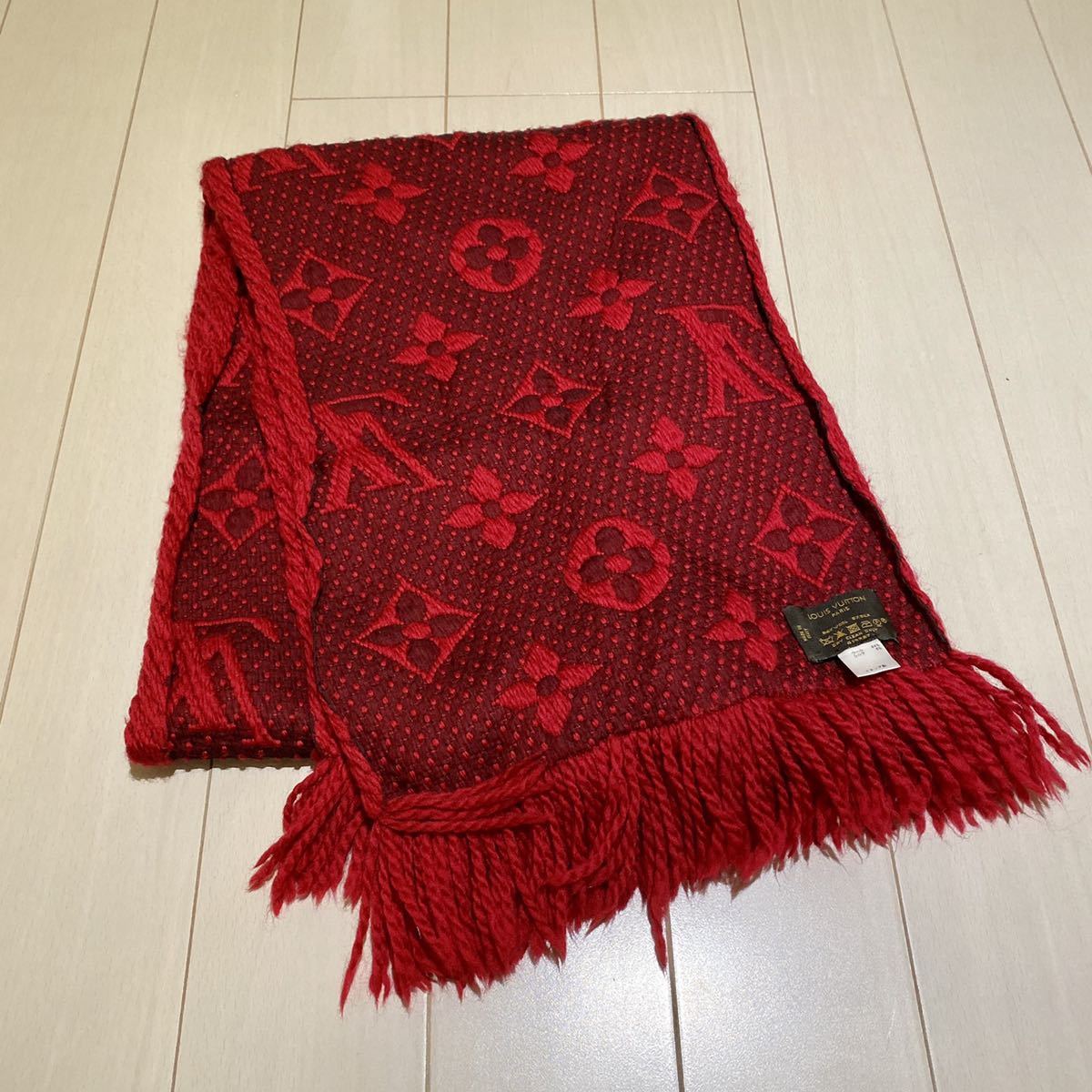 赤 LOUIS VUITTON ルイヴィトン エシャルプ ロゴマニア ウール×シルク