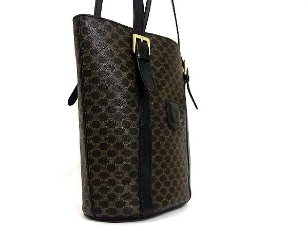 1円 ■美品■ CELINE セリーヌ マカダム柄 レザー ゴールド金具 肩掛け トート ショルダーバッグ ブラック系×ブラウン系 J5841BA