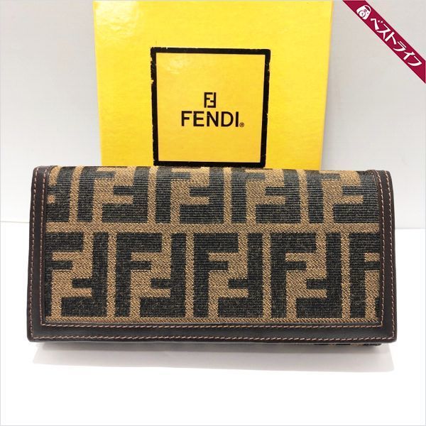ズッカ柄 フェンディ 長財布 FENDI 財布 FF 二つ折り ブラウン 極美品