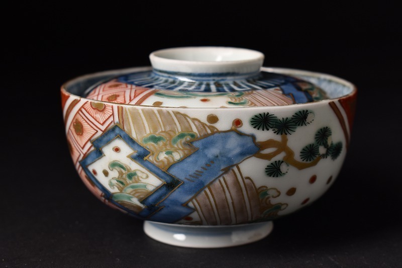 A1087 古伊万里 錦手 柿右衛門風 菊に蝶紋様 飯茶碗 蓋茶碗 5客 古