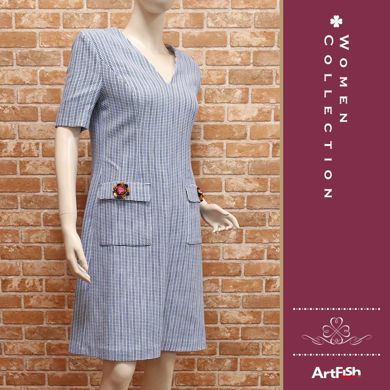 1円/春夏/ESCADA/DE36サイズ/ビジュー装飾ツイードワンピース 半袖 エスカーダ インポート 新品/青/ブルー/cz420/