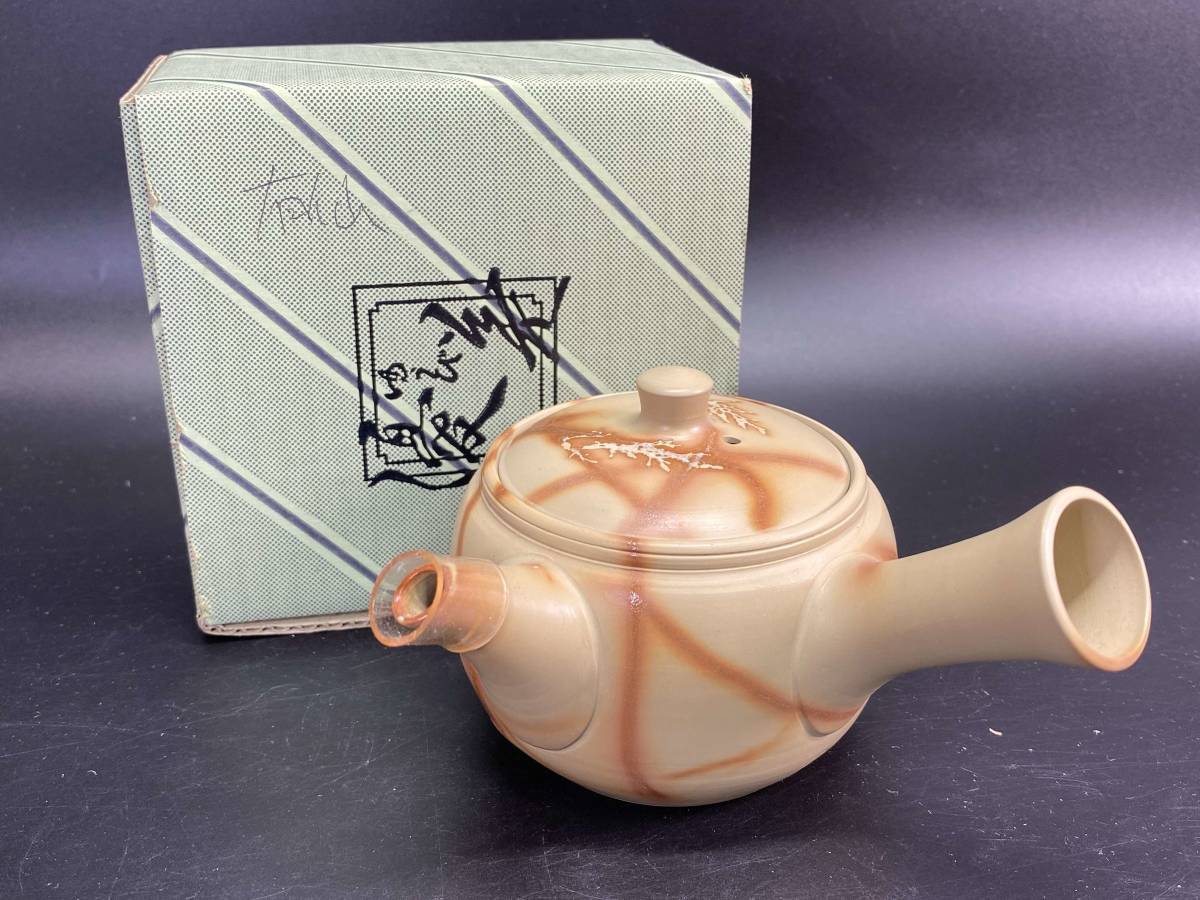 3＃1Z/3341　初代友仙 造 白泥 火襷 横手 急須 非売品 常滑焼 煎茶道具 茶器 茶銚検:雪堂 宝生 常山 常滑焼 朱泥 急須 茶道具　60サイズ
