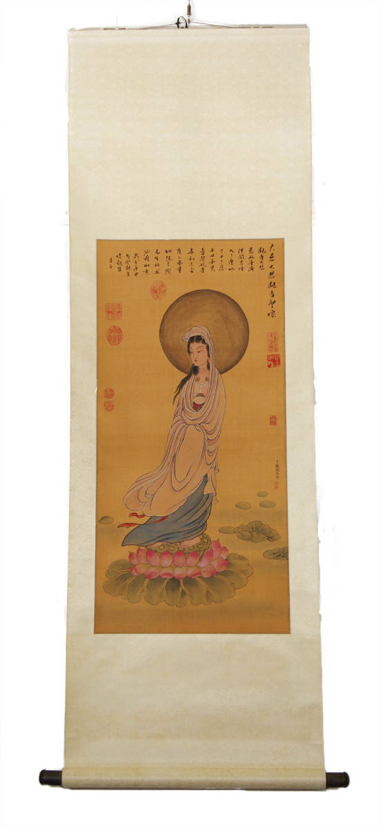 中国書画 丁観鵬 『 大慈大悲観音聖像 白衣観音 』 肉筆 絹本 書画 掛軸 唐画 中国画 中国美術 仏教美術 仏画 中国清代画家 宮廷画家
