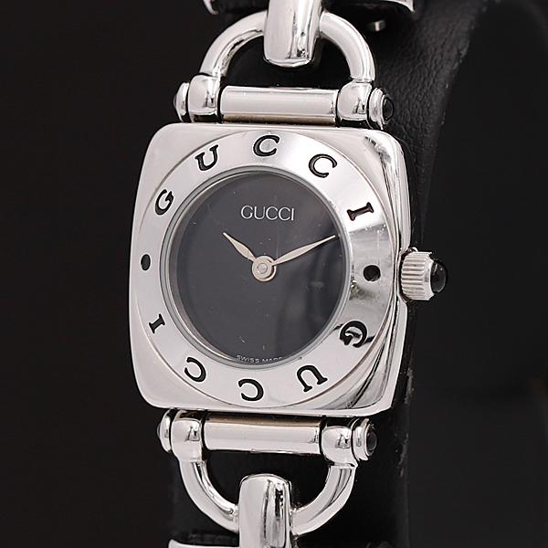 1円●稼働◎正規品【GUCCI/グッチ】QZ 6300L ラウンド 2針 SS×レザー ブラック文字盤 スイス製 レディース腕時計 A0075921