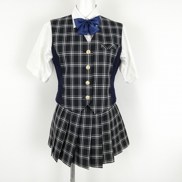 1円 ベスト マイクロミニスカート リボン 等 上下4点セット 指定 冬物 女子 学生服 鹿児島出水中央高校 制服 中古 ランクC EY4803