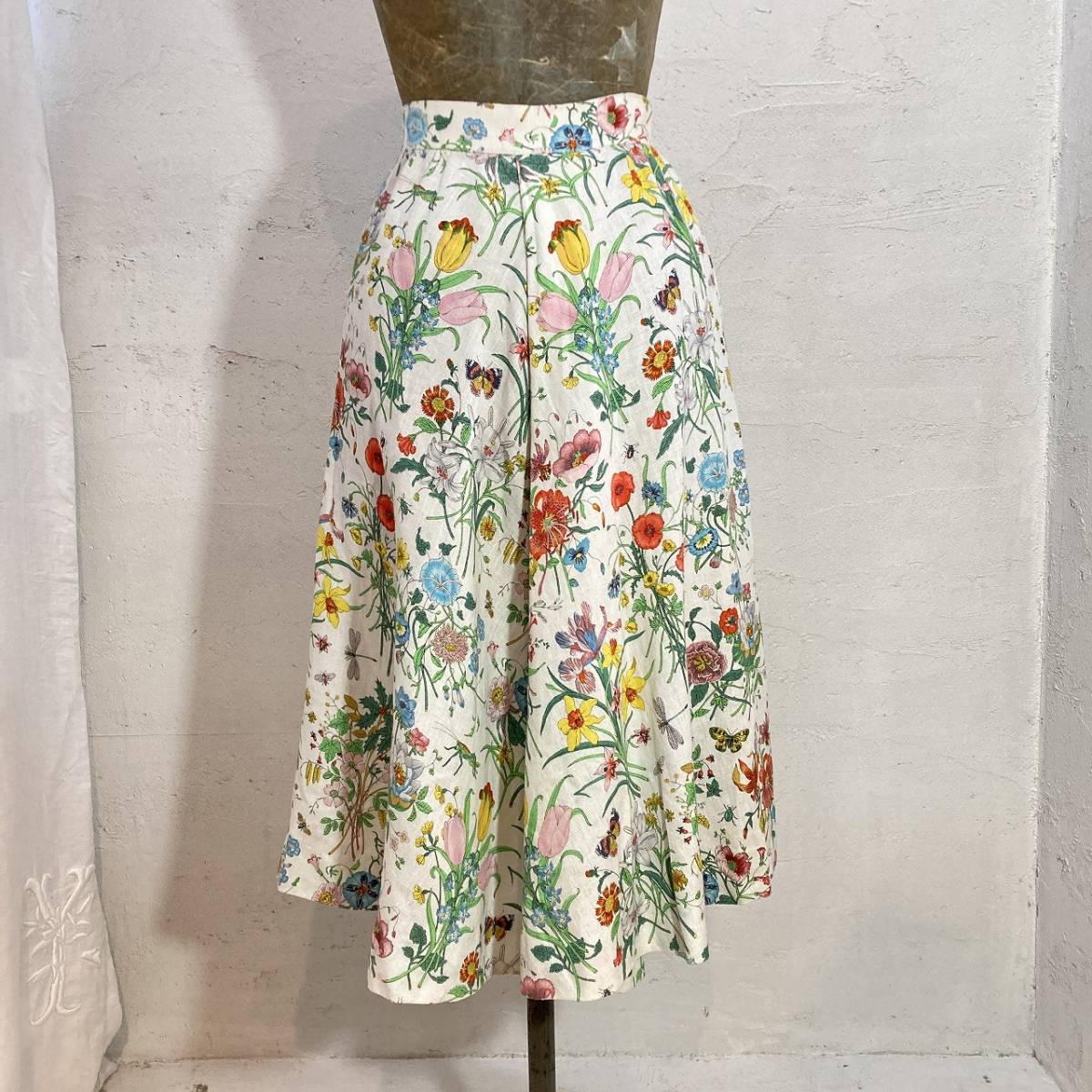 GUCCI グッチ ヴィンテージ リネン ロング スカート 花柄 昆虫 白