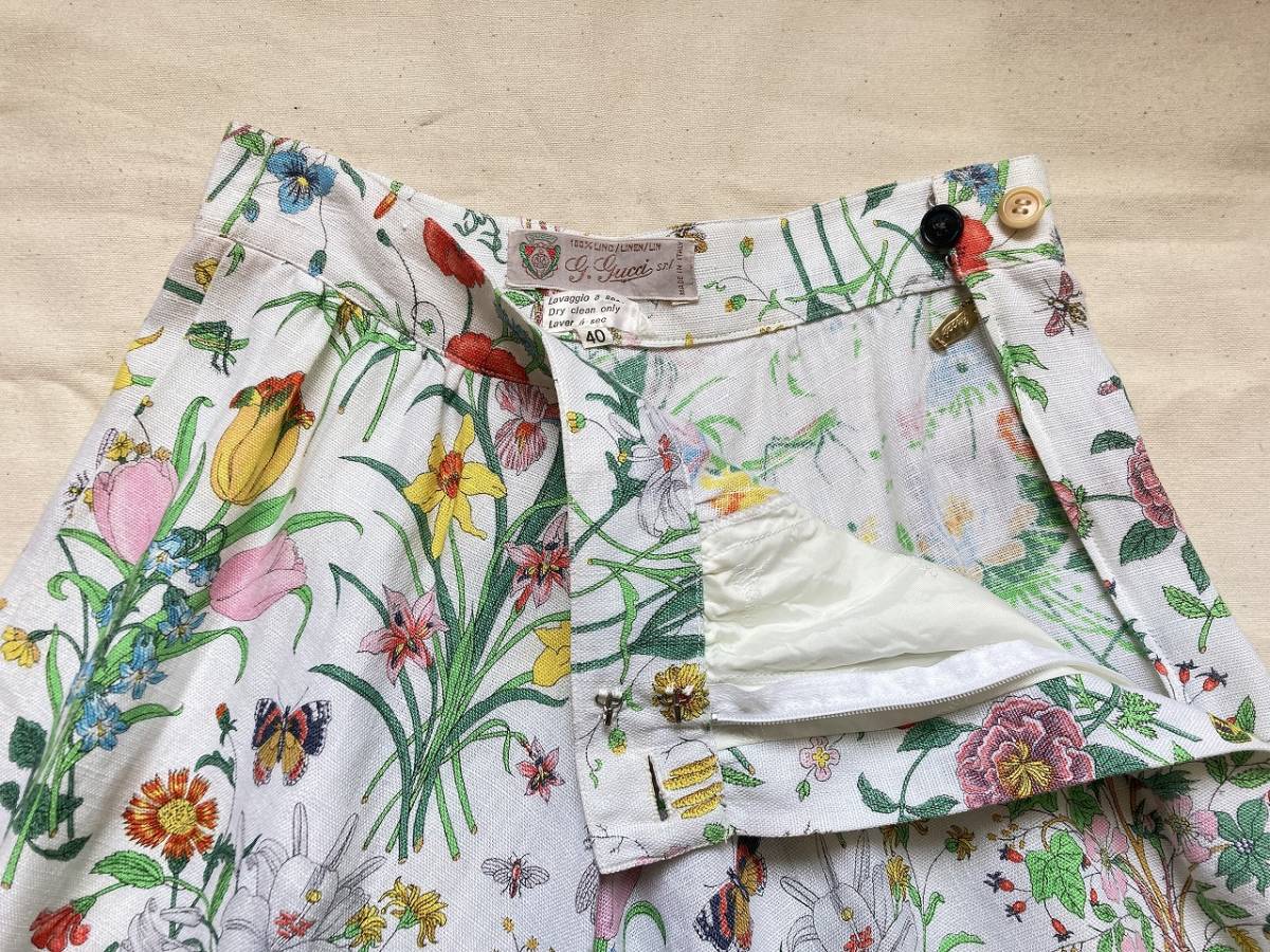 GUCCI グッチ ヴィンテージ リネン ロング スカート 花柄 昆虫 白