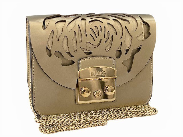 中古 FURLA フルラ メトロポリス ミニチェーンショルダーバッグ バラモチーフ Wフラップ ゴールド金具 鞄 斜め掛け レディース