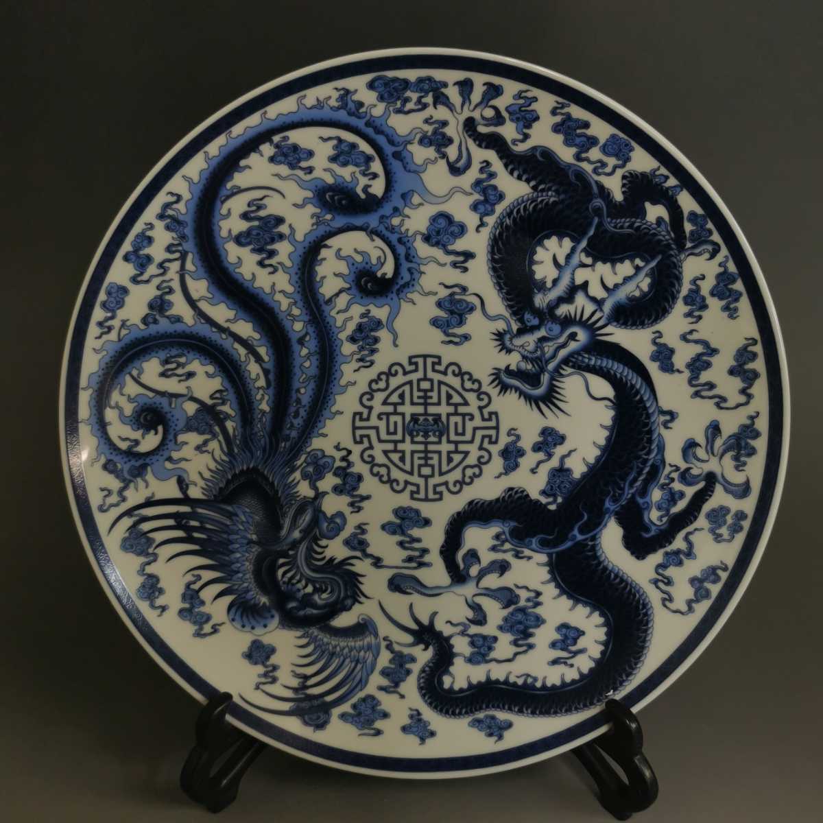 青花 古染付 大清乾隆年製款 龍鳳紋皿 飾皿 中国