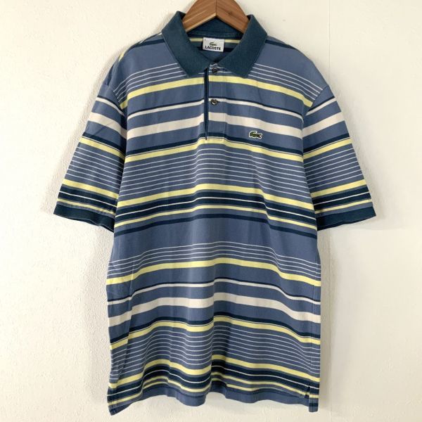 良品 LACOSTE ラコステ ボーダー 半袖 ポロシャツ メンズ サイズ5 L ブルー系 鹿の子 ゴルフ