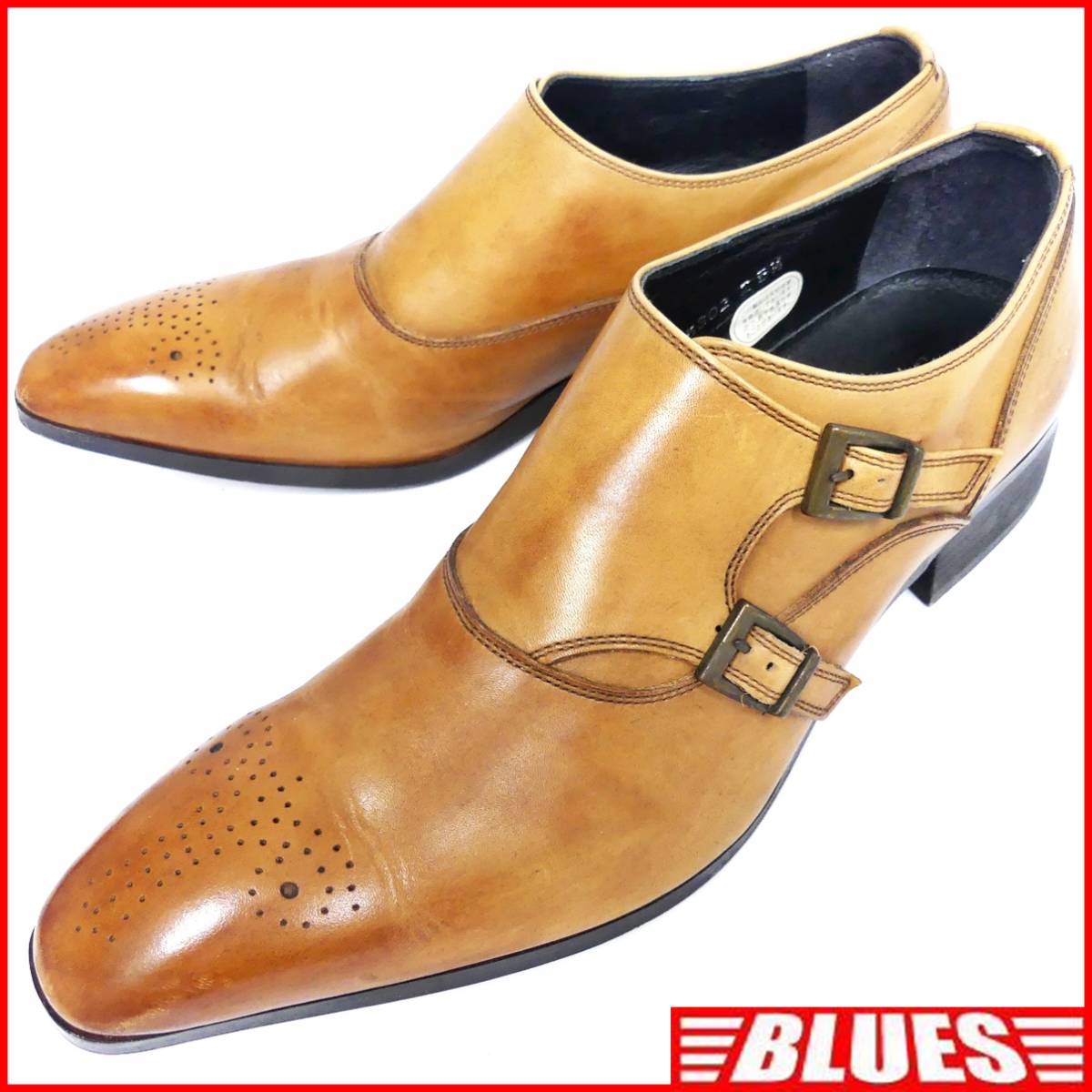 即決★NICOLE★25.5cm レザーモンクストラップシューズ ニコル メンズ 茶 キャメル ダブル 本革 ベルトストラップ 本皮 ビジネスシューズ