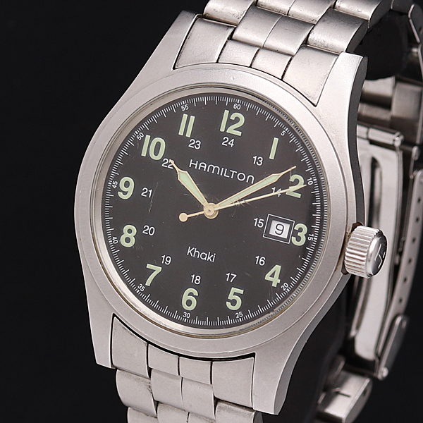 1円●稼働品【ハミルトン HAMILTON】QZ カーキ デイト 夜光インデックス メンズ腕時計 A0102378