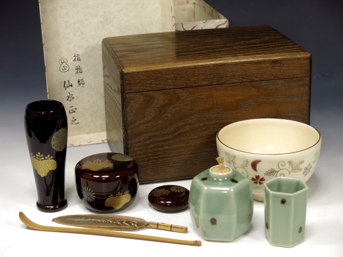 指物師 仙水正之作 桑材 茶箱 茶道具入 煎茶道具 一式 まとめて 外紙箱 424