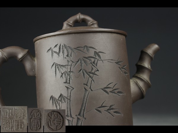 煎茶道具 常滑焼 石仙作 朱泥 漢詩刻 急須 茶注 共布共箱 M R9979 2026