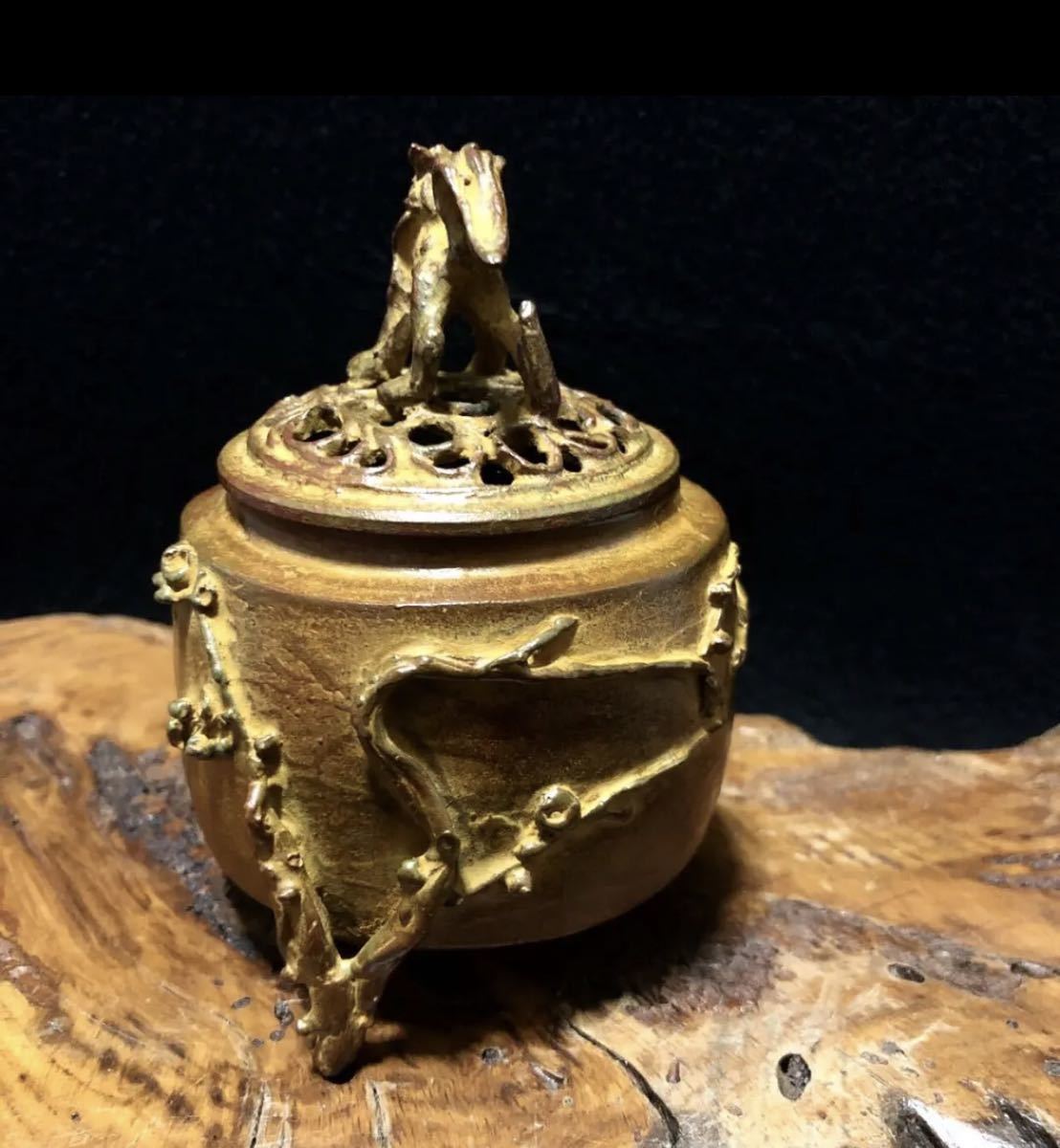 高岡銅器須賀月芳作 三足香炉 松竹梅 玉形三友文香炉 焼青銅色 銅製 香