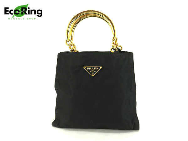 LOTバタフライ100ハンドメイド金黒 1円 プラダ 金色金具 ナイロン ハンドバッグ ブラック CQ434 1円 PRADA