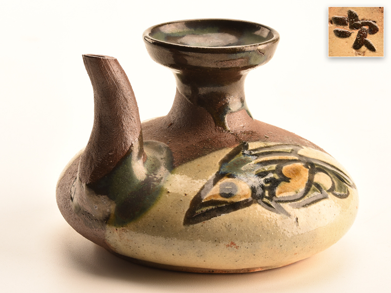 人間国宝 金城次郎作 沖縄壺屋焼 魚文カラカラ 【流】人間国宝 金城次郎