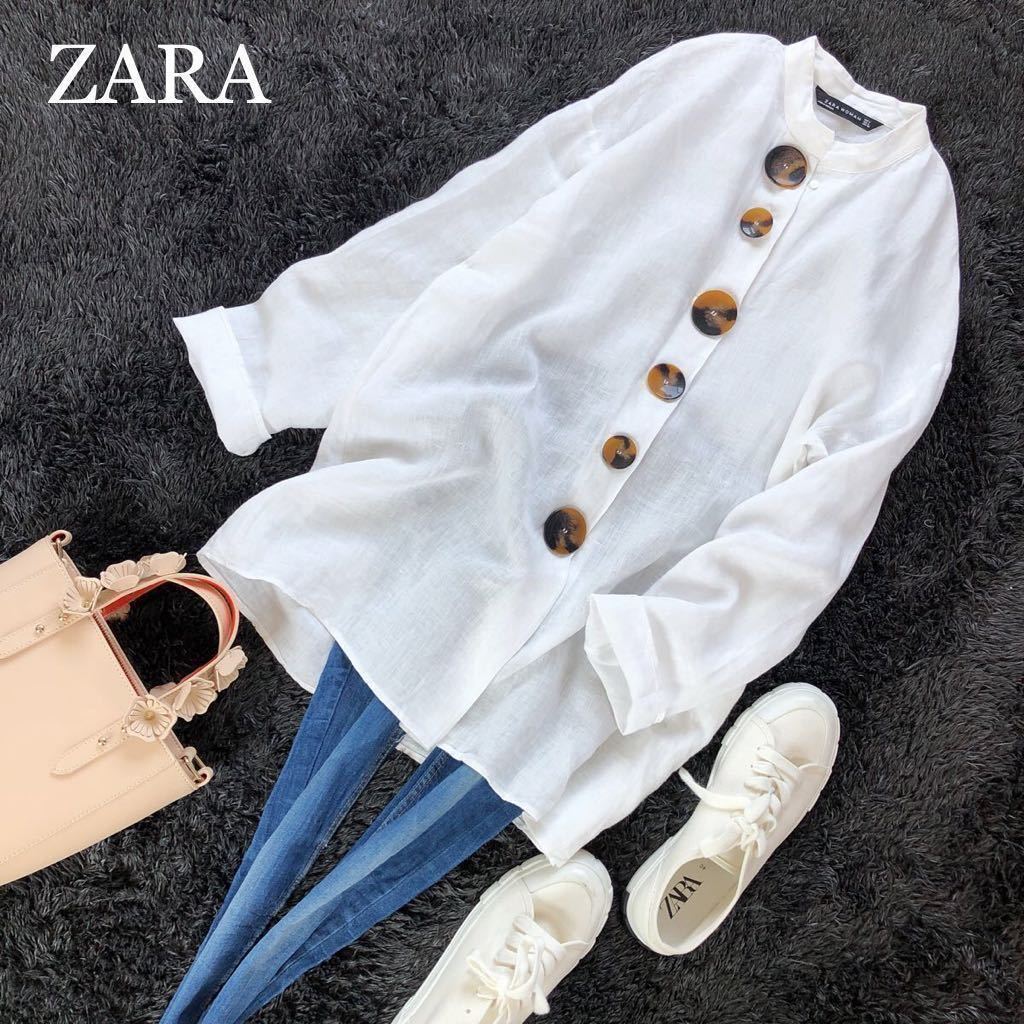 超激得，定番人気 ZARA 大人お洒落カジュアル リネン100% 大ぶりべっこうボタン付き ゆったり美スタイルヘンリーネックブラウスプルオーバー ザラ(その他)｜売買されたオークション情報、yahooの商品情報をア 女性用