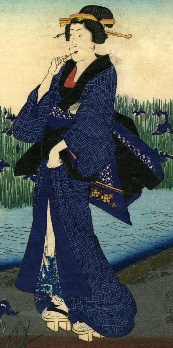 豊国Ⅲ 美人画3枚続「堀切菖蒲花盛図」 水彩画 手描きイラスト 肉筆