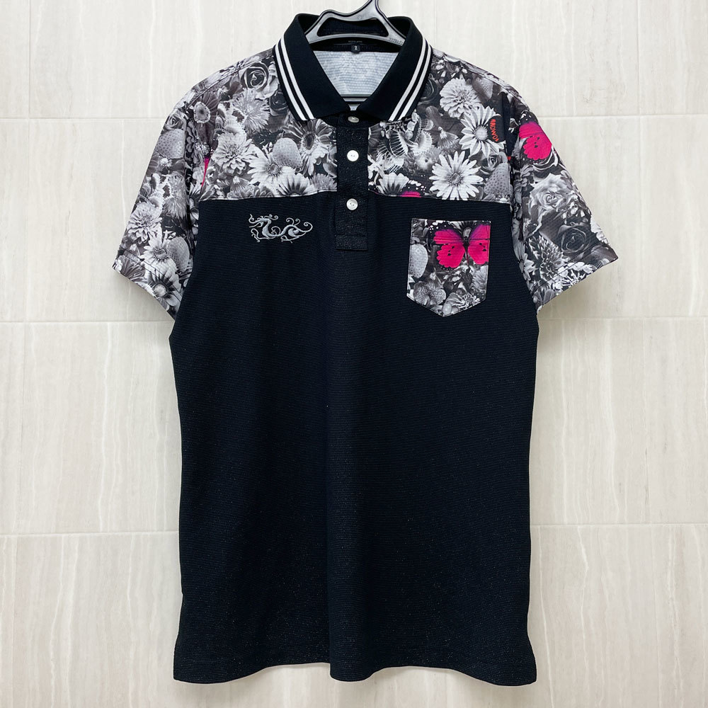 中古　☆★Dance With Dragon/ダンスウィズドラゴン　ゴルフシャツ　半袖 ポロシャツ　日本製　ブラック/ラメ/フラワー柄　2 【KD119】
