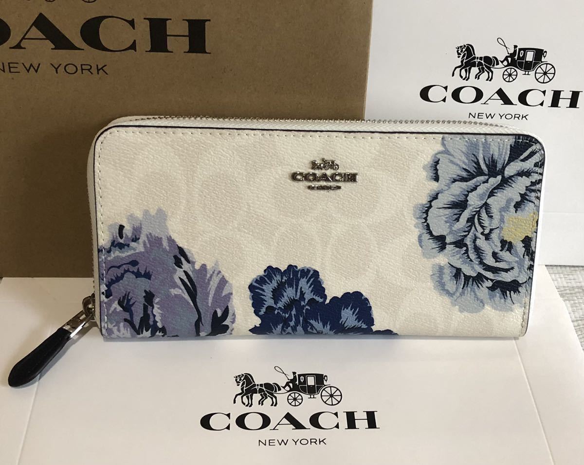 コーチ長財布 ホワイト×ブルー花柄 COACH 長財布 女性用長財布 財布