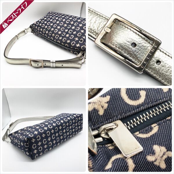 美品 CELINE セリーヌ MC00/1 ロゴ Cマカダム キャンバス レザー 斜め 