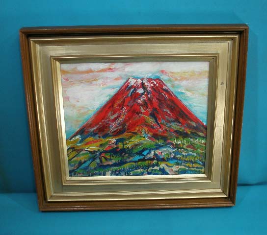 志賀健蔵　絵画20F 真作 油彩 志賀健蔵 作 「赤富士」（F6号）芸術家年鑑1989年版に掲載(自然