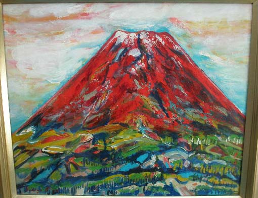 油彩 志賀健蔵 作 「赤富士」（F6号）芸術家年鑑1989年版に掲載(自然
