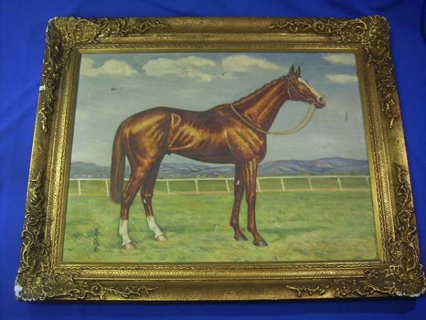 大正期[競走馬の肖像画](画：上泉華陽)油彩画/競馬場/油絵(動物画 