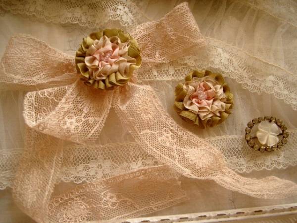 フランスビンテージシルクリボンワークフラワーアップリケ2枚_2