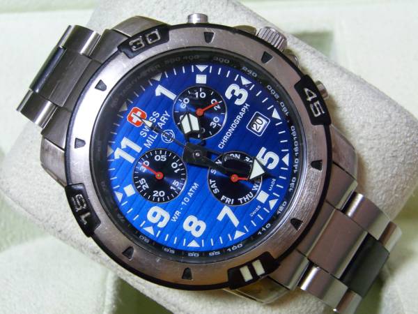 中古 スイスミリタリー クロノグラフクォーツ 青 稼働品 SWISS 
