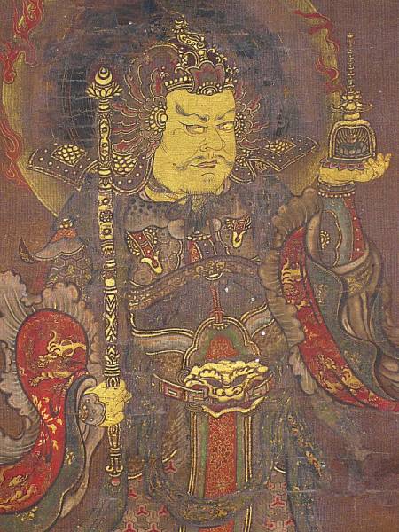 掛け軸】 仏画「毘沙門天像」 極密彩色 物凄い描き込みです(人物、菩薩