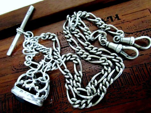 英国ビンテージ シルバーダブル チェーン スモーキークォーツ 石付 スピナー シールフォブ ペンダント 純銀 45.2g 1970年代 バーミンガム