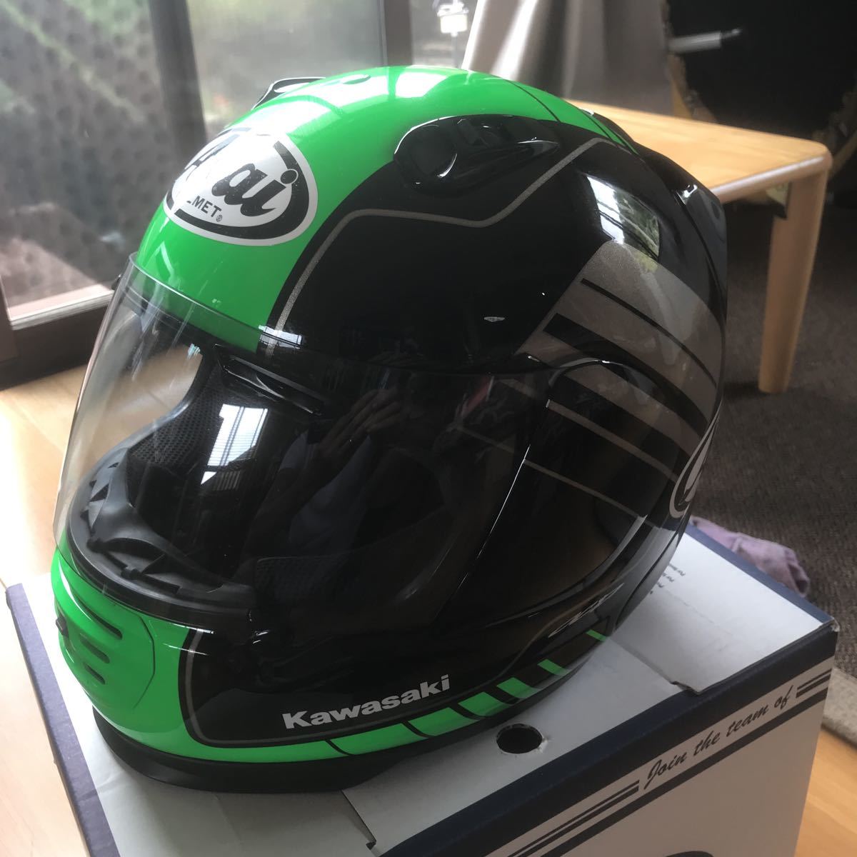 アライヘルメット　カワサキ純正　黒／ライムグリーン | RX-7X アライ ゴースト ライムグリーングッズ紹介］ARAI ライム