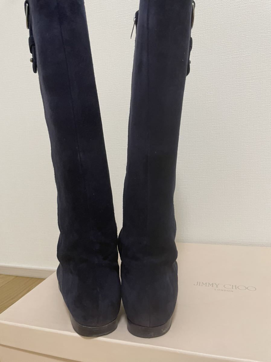 ◇Jimmy Choo(ジミーチュウ)　スエードロングフラットブーツ　ネイビー　紺　36.5サイズ 36ハーフ（23cm～23.5cm）　美品　送料無料◇