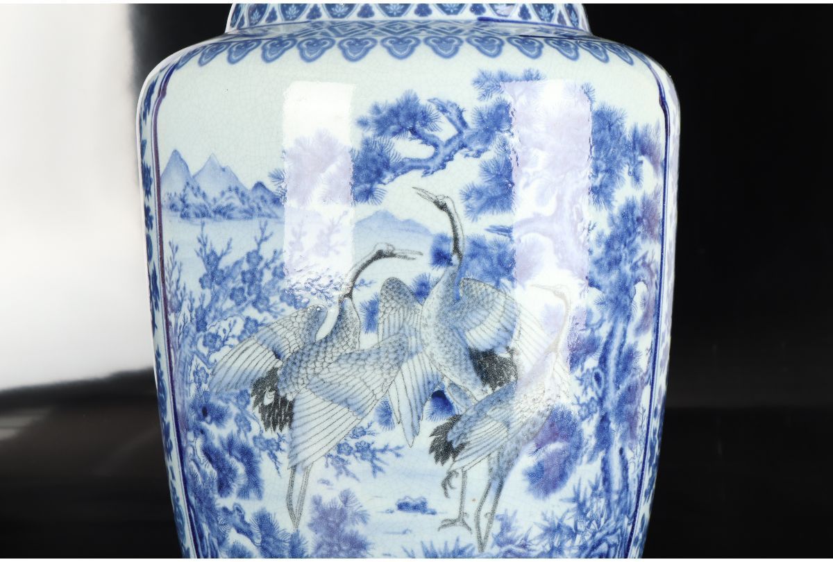 薩摩焼 平佐 ト 染付 花生 花入 花器 花瓶 URA]染付鶴松山水風景図大花瓶/60㎝/4-i-148(検)骨董/薩摩焼/薩摩平佐