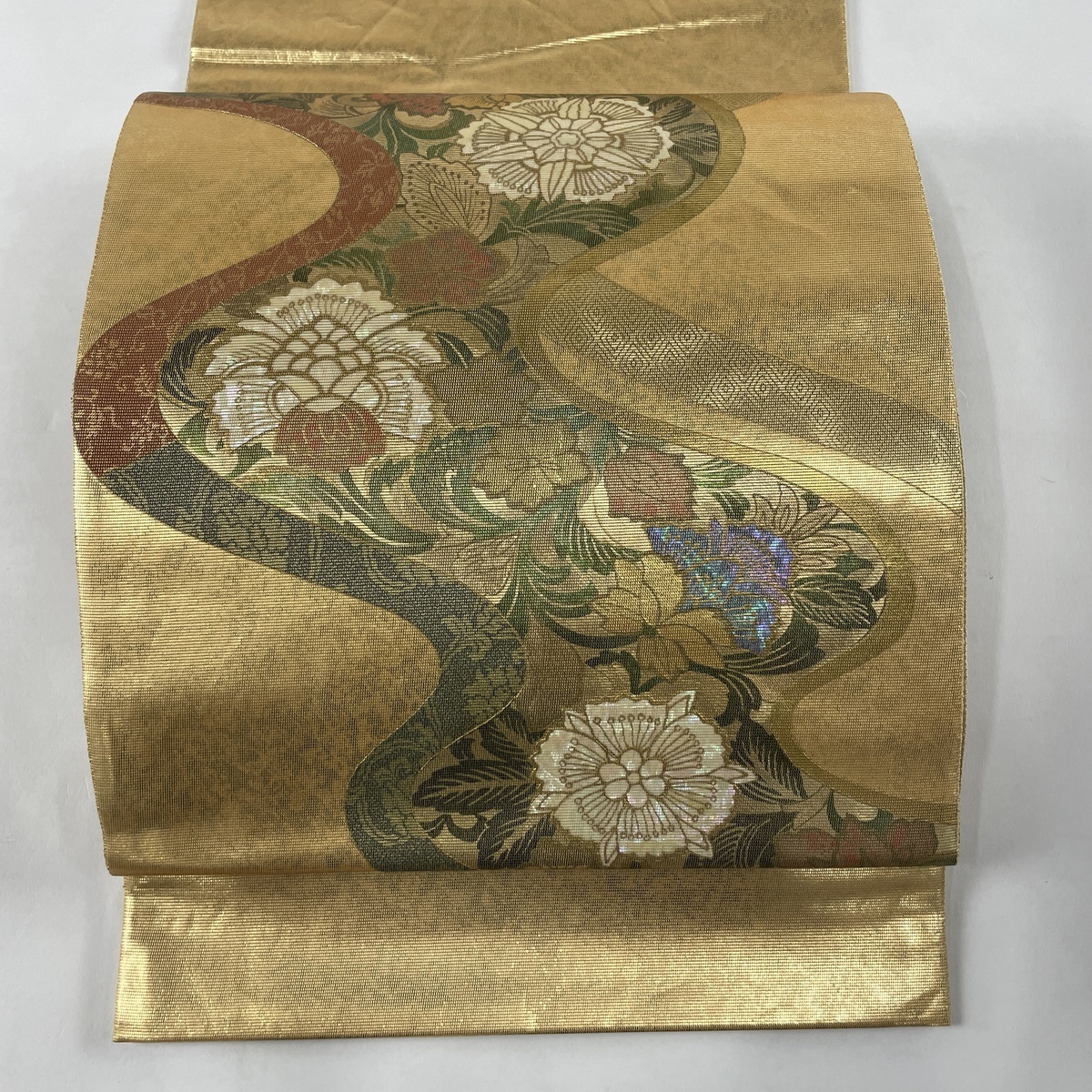 袋帯 秀品 草花 流水 箔 螺鈿箔 金色 お太鼓柄 正絹 【中古】
