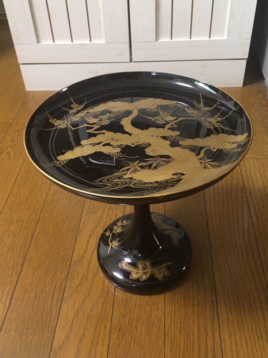 菓子器 Yahoo!オークション 松竹梅図 蒔絵 螺鈿 青貝 高杯 高脚 牡丹と
