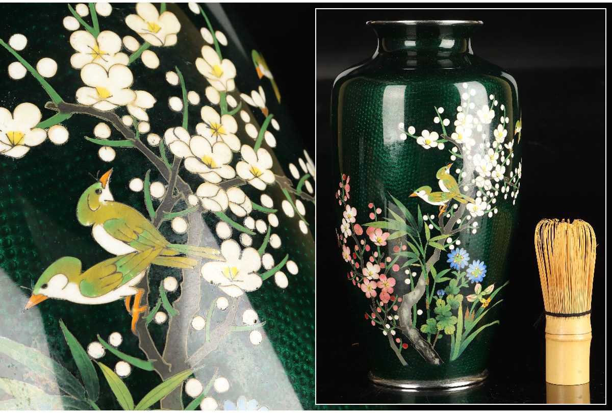 花瓶 | 一対 胎銅 色絵薄墨草花文花瓶 十三代今泉今右衛門（造）共箱