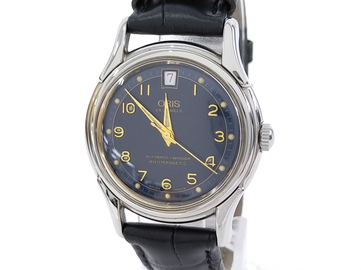 1円 稼働 良品 オリス 7312 手巻き シルバー×ブラック文字盤 17石 スイス
