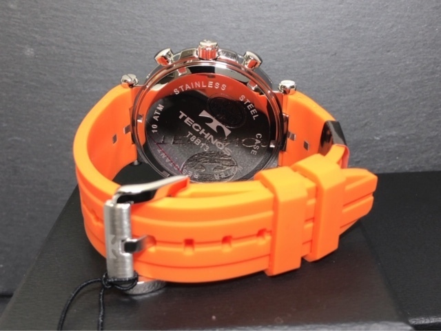 新品 TECHNOS テクノス 正規品 ブラック オレンジ ラバーベルト クロノ 