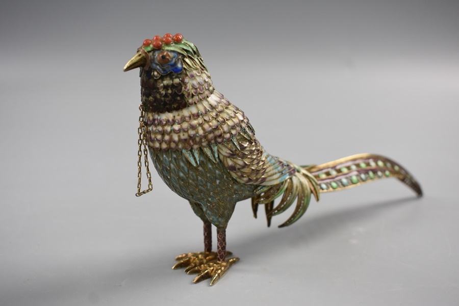 中国美術 SILVER刻印 銀七宝 珊瑚トルコ石細工 鳥 蓋物 香炉 置物 古玩