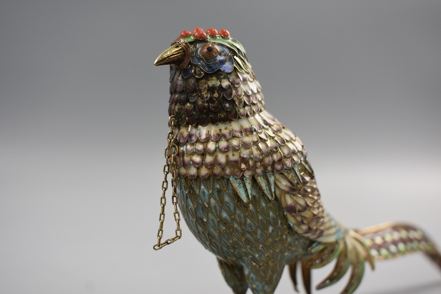 中国美術 SILVER刻印 銀七宝 珊瑚トルコ石細工 鳥 蓋物 香炉 置物 古玩